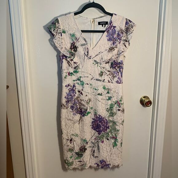 DKNY EUC cream/purple floral lace cap sleeve dress Size 4 - Picture 1 of 6